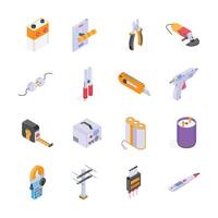 This image features a collection of colorful, isometric illustrations of various electrical and construction tools vector