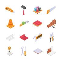 This image showcases a collection of construction tools and materials in an isometric style vector