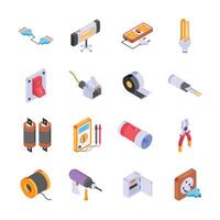 This image features a collection of colorful, isometric illustrations of various electrical and construction tools vector