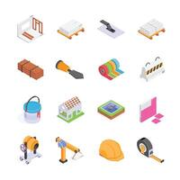 This image features a collection of colorful, isometric illustrations of construction supplies and tools vector