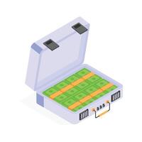 Vintage money case, isometric icon of cash suitcase vector