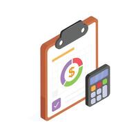A clipboard report with charts and a calculator for analysis vector