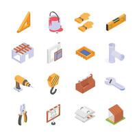 A set of vibrant isometric icons depicting various construction tools and materials vector