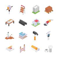 A collection of colorful, isometric icons depicting various construction tools, materials, and structures vector