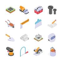 This image showcases a collection of colorful, isometric illustrations of various construction tools and materials vector