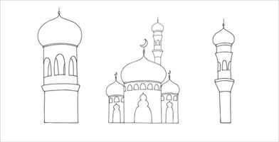 Islamic set with minaret. Graphic illustration mosque, tower isolated on white background. Muslim hand drawn line sketch, holiday Ramadan Kareem or Eid Al Adha 2025. For designers, prints vector
