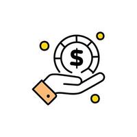 Dollar coin in hand icon. Simple line illustration, flat design. vector