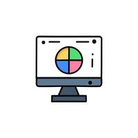 computer with pie chart icon, illustration, filled flat design. vector