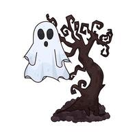 ghost hovering near the tree illustration vector