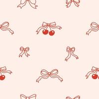 Seamless pattern of elegant bow knots, cherry berry. Background with coquette pretty charming red bows. Vintage hand drawn illustration vector