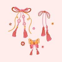 Set of boho bows. Collection of groovy decorative elements. Colorful pretty charming bow knots with daisy flower, butterfly, macrame, beads. Vintage hand drawn illustration. 1970 inspiration vector
