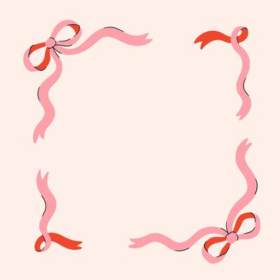 Frame of coquette pretty charming pink bows and ribbons. Hand drawn trendy ribbons border. Vintage bowknots frame for greeting cards, wedding, invitations