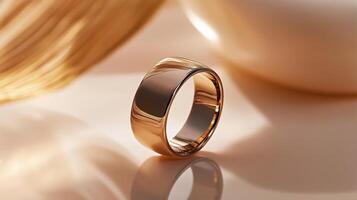 Elegant gold ring displayed on a soft surface with natural light highlighting its shine and contours photo