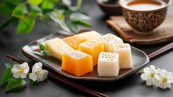 Colorful traditional sweets displayed on a plate with tea and flowers, creating a serene atmosphere photo