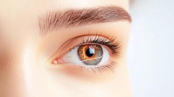 Close-up of a human eye featuring unique iris patterns and intricate details under bright lighting photo