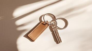 Keychain with leather tag and key resting on a soft surface illuminated by natural light photo
