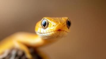 Close-up of a golden gecko resting on a rock in natural light, showcasing its vibrant colors and curious expression photo