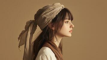 Profile of a woman wearing a scarf in a soft sepia tone capturing natural beauty and elegance in a minimalist setting photo