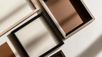 Modern wall shelving display featuring geometric frames and warm earth tones with soft shadows and highlights photo
