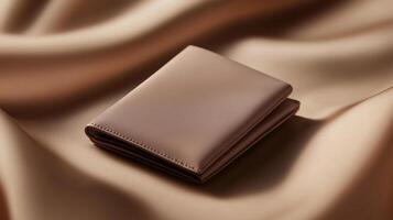 Crafted leather wallet placed on smooth fabric surface in warm, neutral tones photo