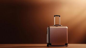 Stylish silver suitcase against a warm backdrop creating a travel-inspired ambiance in a minimalist setting photo