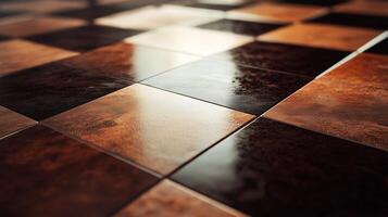 Textured wooden floor with alternating dark and light tiles in a contemporary setting and natural light streaming through photo