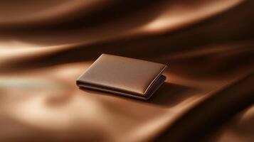 Elegant brown wallet resting on smooth silk fabric in warm lighting creating a luxurious atmosphere photo