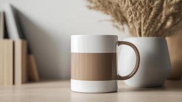 Decorative ceramic mug with neutral color scheme placed on a wooden table next to a white vase with dried grass photo