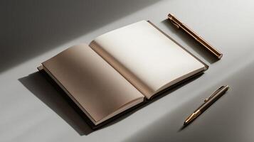 Minimalistic workspace with an open notebook and pen on a clean surface during daylight photo