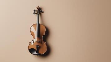 Elegant wooden violin mounted on a smooth beige wall in a minimalist setting during daylight photo