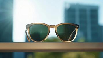 Stylish sunglasses on display against a blurred urban backdrop during daylight photo