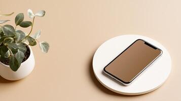 Modern smartphone resting on a minimalist table beside a small potted plant in a light-toned setting photo