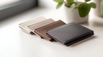 Elegant collection of minimalist cardholders in neutral tones displayed on a table with greenery in the background photo