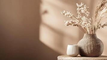Elegant vase with dried flowers and candle on table bathed in soft, warm light in a cozy indoor setting photo