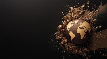 Golden globe breaking through dark surface with textured rocks and particles flying photo