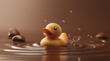 Cute rubber duck floating in chocolate water, creating ripples and splashes in a whimsical setting photo