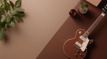 Enjoying a cozy evening of music and plants with a guitar resting on a beautifully arranged table photo