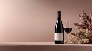 Elegant wine bottle and glass displayed on a minimalist shelf with decorative elements in soft lighting photo