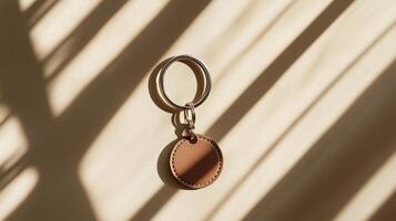 Keychain with round tag casting shadows on a surface in soft lighting photo