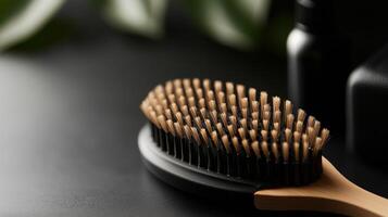 Natural bristle hairbrush placed on a dark surface surrounded by greenery in a serene setting photo