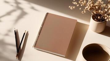 Soft sunlight shines on a minimalist workspace with a notebook, pens, and a flower vase photo