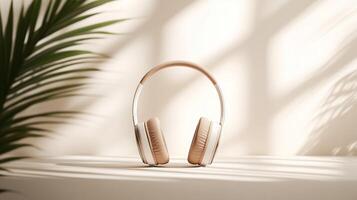 Stylish headphones placed on a simple surface illuminated by soft sunlight filtering through foliage photo
