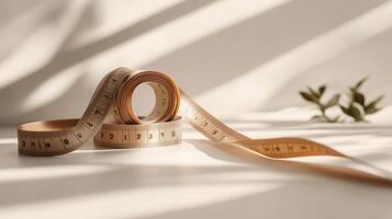Measuring tape rolls on a table with soft shadows and leaves in the background during afternoon light photo