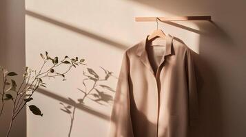 Soft sunlight casts gentle shadows on a minimalist clothing display in a serene indoor space photo