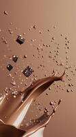 Chocolate splashes and cubes create a dynamic, appetizing display in a creamy setting photo