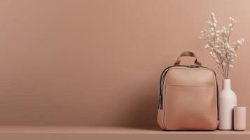 Modern backpack and vase arrangement on a neutral background featuring a minimalist aesthetic at a cozy setting photo