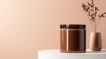 Stylish minimalist display featuring a jar of rich chocolate and a vase with dried flowers on a white pedestal photo