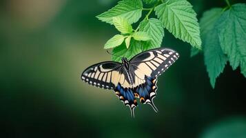 Beautiful butterfly resting on green leaf in a natural setting during bright daylight hours photo