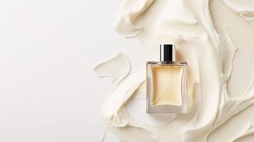 Elegant perfume bottle placed on a smooth cream background showcasing beauty and luxury photo