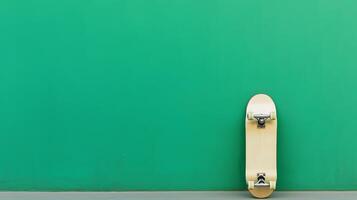 Skateboard resting against a bright green wall in an urban setting for a creative backdrop photo